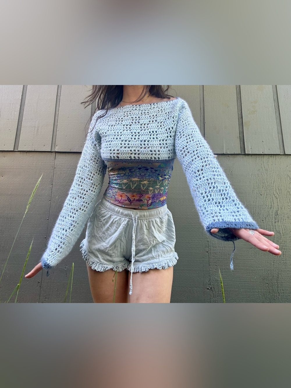 Checkered Cropped Crochet Sweater in Baby Blue with Navy Blue Trim